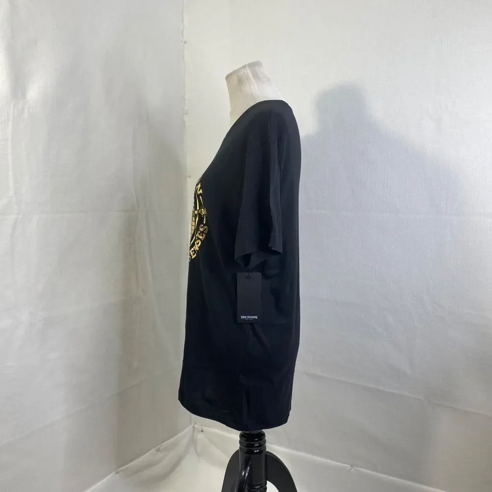 True Religion Buddha Foil Logo Shirt Mens Large Black Gold Short Sleeve Crewneck